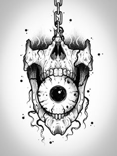 a black and white drawing of a skull with a chain hanging from it's mouth