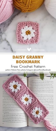 two crocheted bookmarks with flowers on them and the title reads daisy granny bookmark