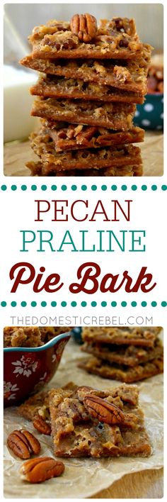 pecan praline pie bar is stacked on top of each other