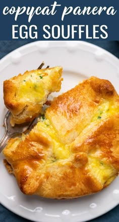 an egg souffle on a white plate with a fork and text overlay