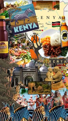 a collage of many different pictures including zebras, food and people in africa