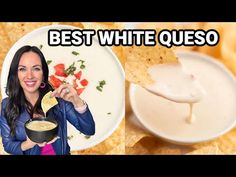 a woman holding a plate with chips and dip in it next to a bowl of soup