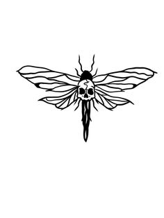 a black and white drawing of a bee with long wings on it's back