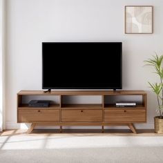 a flat screen tv sitting on top of a wooden entertainment center next to a potted plant