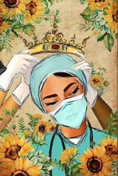 a woman wearing a surgical mask with sunflowers around her and the crown above her head