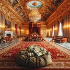 a large bed sitting on top of a red rug in a room filled with furniture