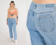 Vintage 90s jeans by Liz Claiborne in blue with a bootcut leg and a mid rise waist. Please see measurements and condition below. Every garment we sell is authentic vintage! You will receive the exact item photographed. Condition: very good vintage. Best fits women's: Labelled size 12P, but runs modern medium/10 Tag: Liz Claiborne Material:  Denim MEASUREMENTS Taken from seam to seam while the garment is lying flat. Double the armpit, waist, and hips For reference, model is 5'7" and measures 32-2 90s Bootcut Jeans, Blue Bootcut Jeans, 90s Jeans, Jeans Mid Rise, Pants Blue, Beautiful Sweater, Jeans Bootcut, Waist Jeans, Western Outfits