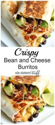 two pictures showing different types of burritos on a white plate with the words crispy bean and cheese burritos