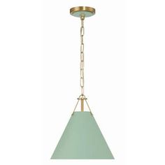 a light fixture with a green shade hanging from it's ceiling lamp holder and chain