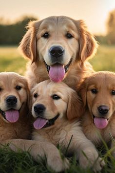 four golden retriever puppies laying in the grass with their tongue hanging out and looking at the camera