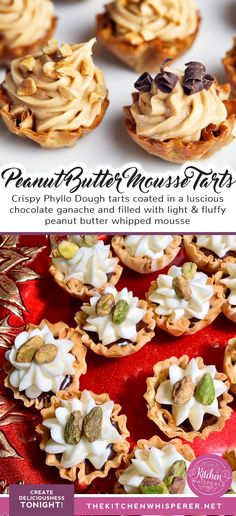 an advertisement with some desserts on it and the words, peanut butter cheese tarts