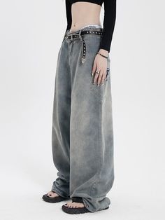 Edgy Baggy Wide Leg Jeans, Baggy High Rise Hip Hop Jeans, High Rise Baggy Jeans For Hip Hop, Baggy Medium Wash Hip Hop Jeans, Baggy Hip Hop Jeans In Medium Wash, Medium Wash Baggy Grunge Bottoms, Hip Hop Baggy Medium Wash Jeans, Baggy Medium Wash Grunge Bottoms, Baggy Denim Blue Grunge Jeans