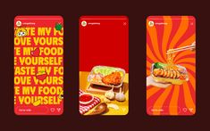 three mobile phone screens with food on them