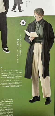 an advertisement for men's clothing from the early 1900's, featuring a man in a trench coat and pants