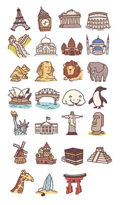 an image of different types of travel stickers on a white background, including the statue of liberty and other famous landmarks