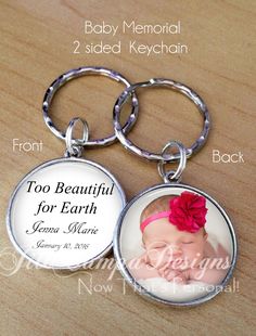 two personalized key chains with a photo on the front and back of each one