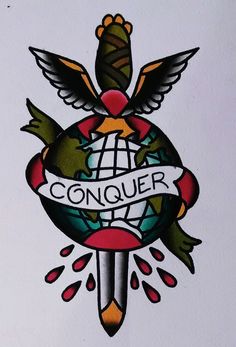 an image of a tattoo design with the word conquer on it and two birds holding a globe