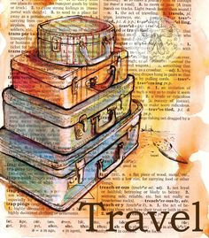 three suitcases stacked on top of each other in front of an old book page