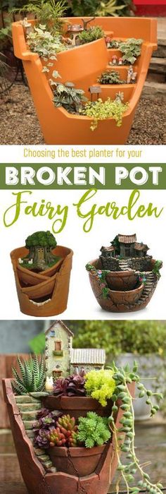 Start your fairy garden this spring using one of these gorgeous fairy garden broken pot planters. These whimsical planters are simply beautiful! Broken Pot Fairy Garden, Succulent Fairy Garden, Pot Fairy Garden