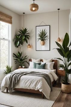 a bedroom with potted plants on the wall and a bed in front of a window