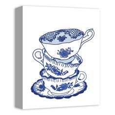 three blue tea cups stacked on top of each other, with the same cup in between them