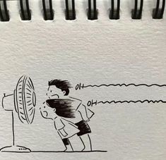 a drawing of a man looking at a fan