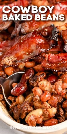 a bowl full of baked beans and meat with the words cowboy baked beans above it