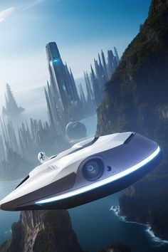 a futuristic flying vehicle in the air over a mountain range with skyscrapers and water