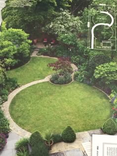 an aerial view of a lush green yard