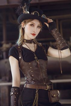 Fabric: Polyester, Leather Color: Brown Style: Gothic, Punk Include: Vest*1 (Any of the accessory is not included.) Size (IN) Waist Length S 22.83-28.35 18.11-19.69 M 25.20-30.71 18.90-20.47 L 27.56-33.07 19.69-21.26 Size (CM) Waist Length S 58-72 46-50 M 64-78 48-52 L 70-84 50-54 Steam Punk Photoshoot, Punk Halloween Costume Ideas, Steampunk Goth Outfits, Steam Punk Aesthetic Outfit, Steam Punk Costume Women, Steampunk Runway, Brown Clothing Aesthetic, Cosplay Women Ideas, Steam Punk Outfits