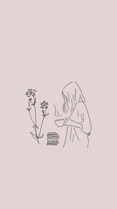 a drawing of a woman sitting at a table with books and flowers in front of her