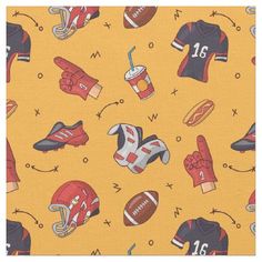 a yellow background with various sports related items on it, including gloves and footballs