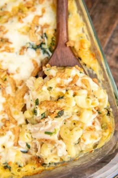 a casserole dish with chicken, cheese and spinach