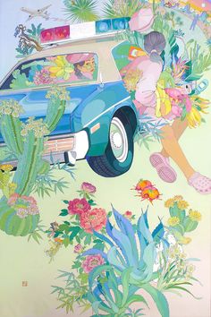 an image of a car with flowers and plants around it