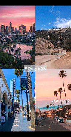 three different views of the same city at different times of day and night, with palm trees on both sides