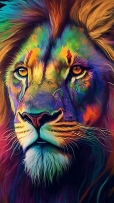 a painting of a lion with bright colors