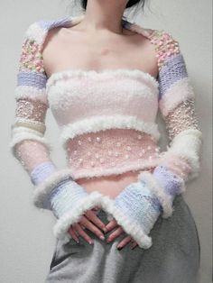 Crochet Shirts Aesthetic, Fluffy Crochet Clothes, Harajuku Crochet, Yarn Fashion, Styl Boho