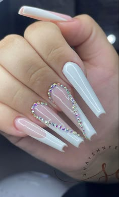 French Acrylic Nail Designs, Brown Acrylic Nails, Purple Acrylic Nails, Diy Acrylic Nails, Beige Nails, Nails Design With Rhinestones, White Acrylic Nails, Girly Acrylic Nails, Coffin Nails Long