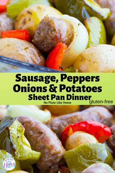 sausage, peppers, onions and potatoes sheet pan dinner with text overlay that reads sausage, peppers, onions & potatoes sheet pan dinner