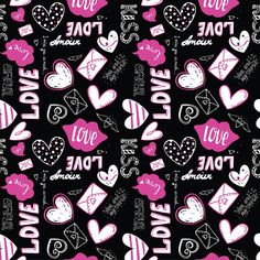 a black background with pink hearts and love letters on it, all over the surface