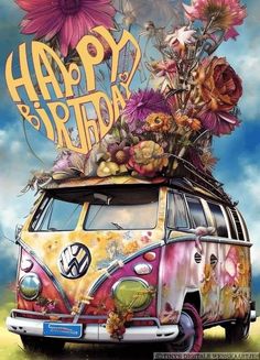 an old vw bus with flowers on top