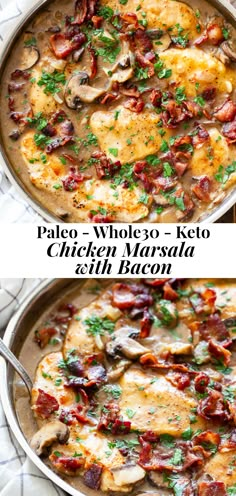 two images of chicken and mushroom casserole with bacon