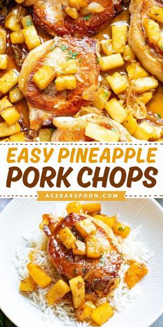 easy pineapple pork chops with rice on the side and another image in the background