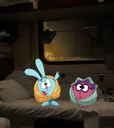 two cartoon characters sitting on a bed in a room with an open window and another character standing next to the bed