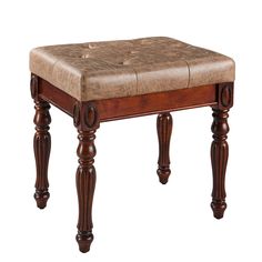 a wooden bench with a leather seat on it's legs and foot rests in front of a white background