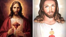 two pictures of jesus holding a heart and an image of the same person in front of him