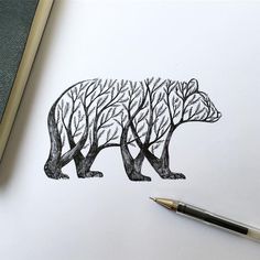 a drawing of a bear surrounded by trees