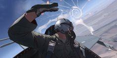 a man in a pilot's uniform is pointing at the sky