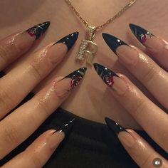 #nails #nailart #stilettos #trending #instagram #black #rose #design Staleto Nails, Red Wedding Nails, Black Rose Design, Red Black Nails, Vampy Nails, Black Almond Nails, Girly Acrylic, Pretty Gel Nails