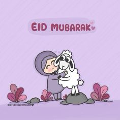 an illustration of a person hugging a sheep with the words eid mubarak above it